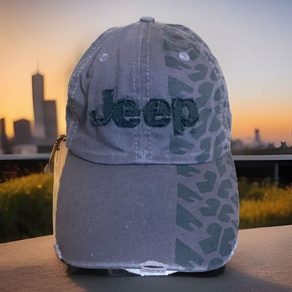JEEP Embroidered  Distressed Strapback Adjustable Hat Gray Woman's - Picture 1 of 9